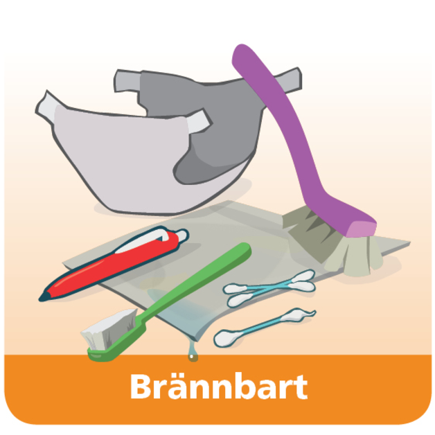 tecknad bild av brännbart avfall, diskborste, blöja, penna, tandborste och tops