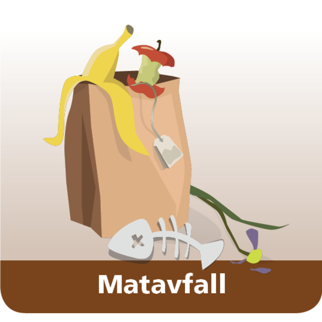 tecknad bild av matavfall i en brun påse, bananskal, fiskrens, äppelskrutt