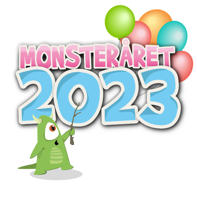 Monsteråret 2023 med ballonger och Plastis som håller i en pinne