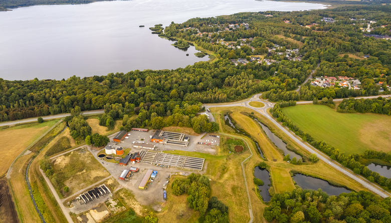 Flygbild över reningsverket i Hässleholm med omnejd